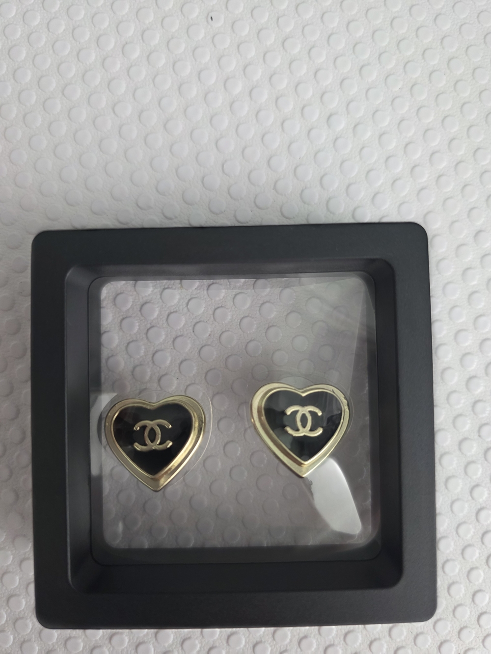 CHANEL Black and Gold Heart CC Logo Stud Earrings